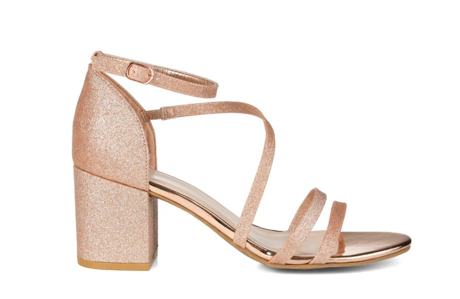 Journee Collection Women's Bella Strappy Heels Pump Glitter Rose Gold Size 6 1/2