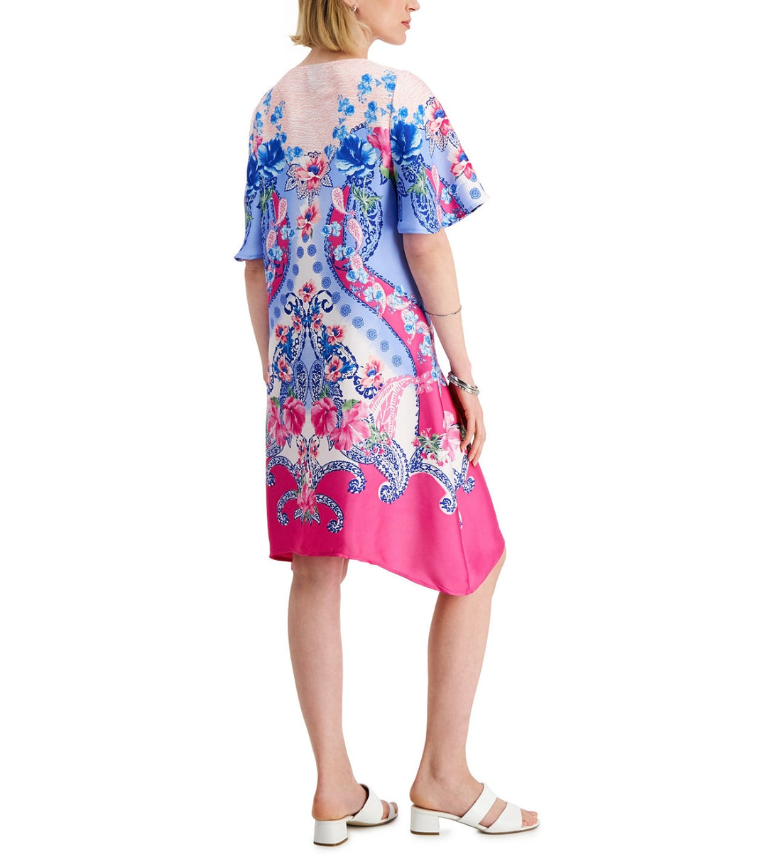 JM Collection Women's Short Sleeve V-Neck Floral Printed Swing Dress