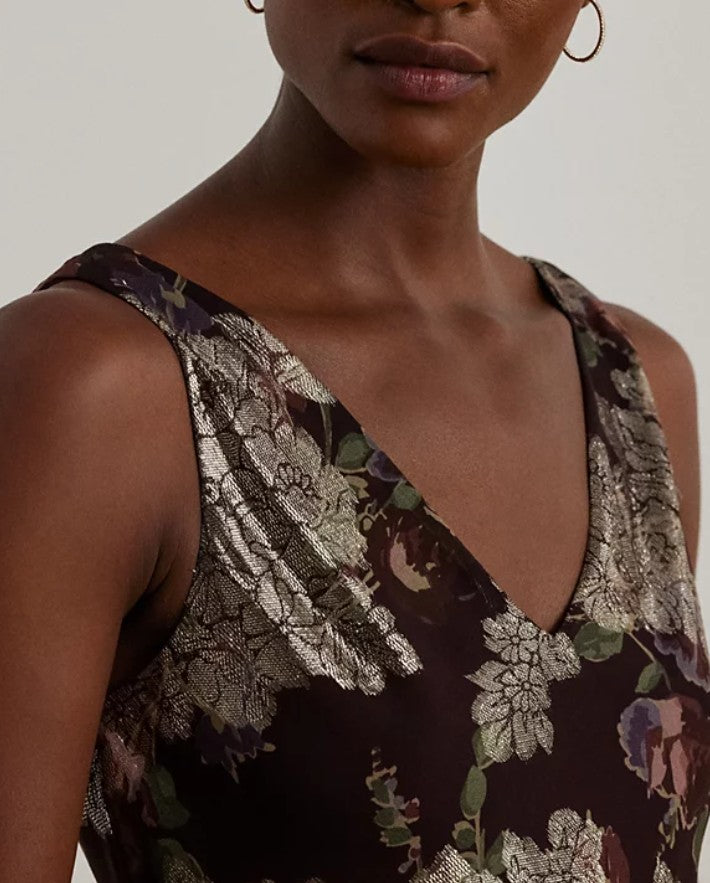 Lauren Ralph Lauren Women's Sleeveless Metallic Jacquard Dress Red Mu Size 16