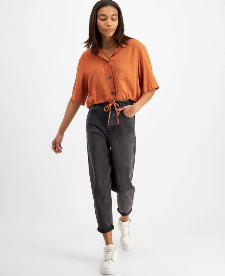 And Now This Women's Point Collar Tie-Hem Cropped Shirt Rust Size S