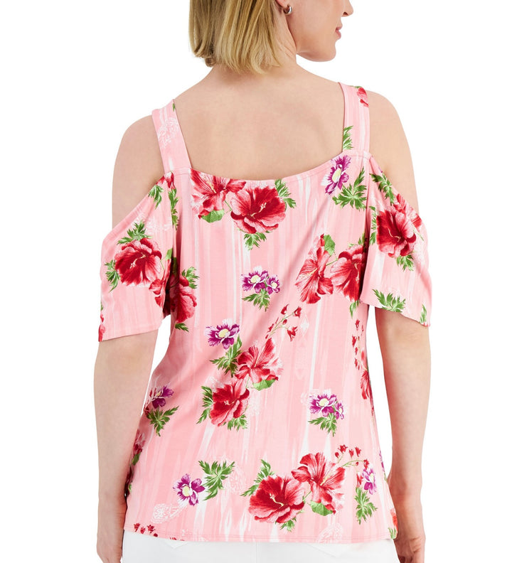 JM Collection Women's Floral Printed Cold-Shoulder Top Cherry Fla Combo