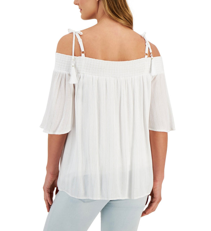 JM Collection Women's Tie-Shoulder Tassel Top Bright White Petite Size PP