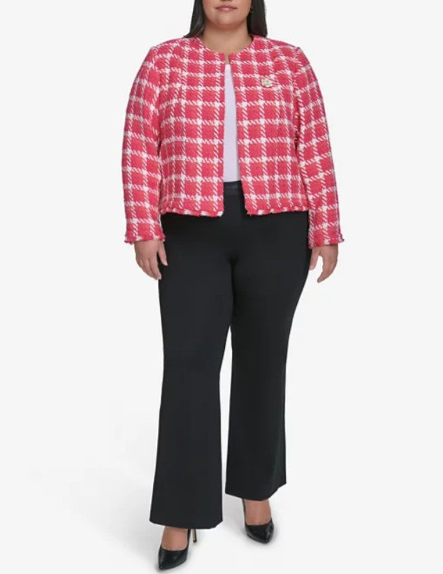 Karl Lagerfeld Paris Women's Open Tweed Short Jacket Tea Berry Sunset Coral