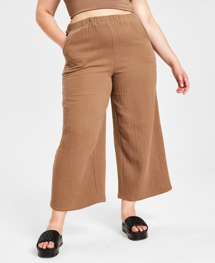 Jenni Style Not Size Women's Plus Size Solid Wide Leg Pant Tobacco Tan