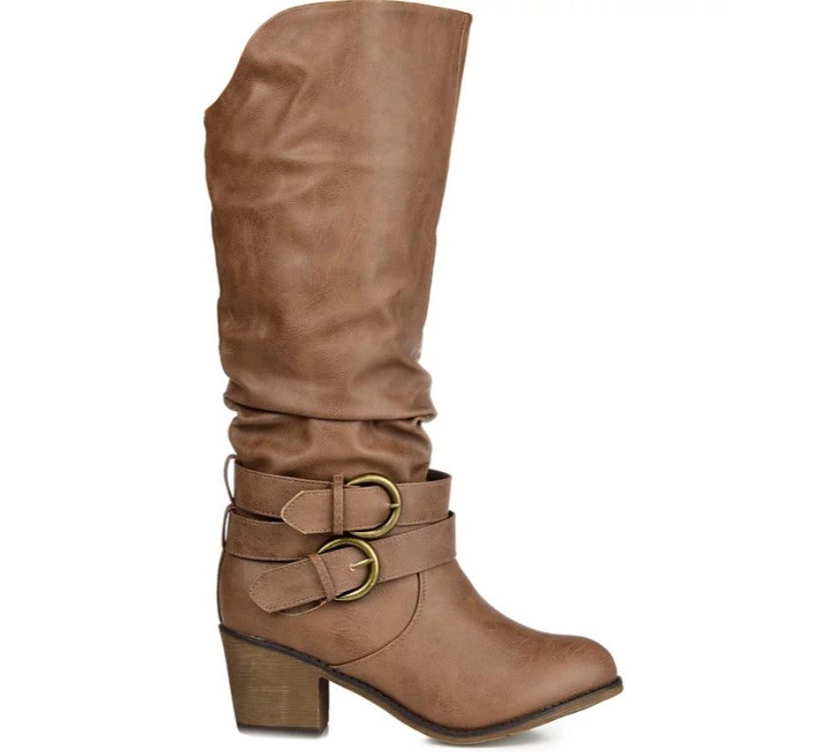 Journee Collection Women's Rouched Buckle Mid Shaft Block Heel Boots Size 8.5