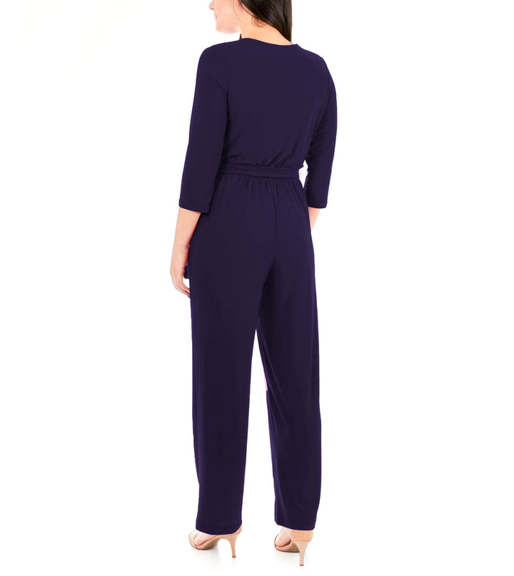 NY Collection Women's 3/4 Sleeve Belted Wide Leg Jumpsuit Navy Petite Size PXL