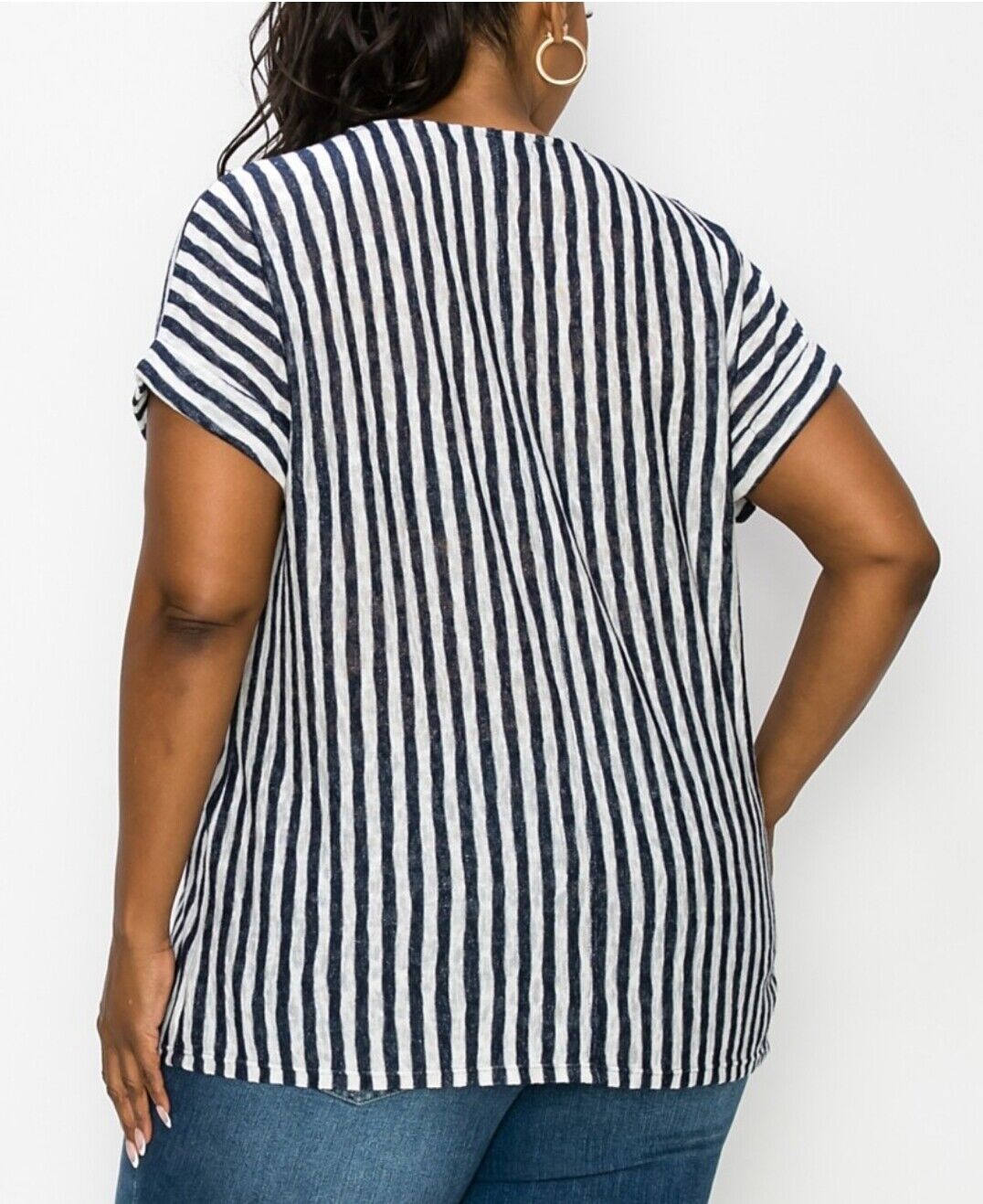 COIN 1804 Women's Stripe Yoke Dolman Top White-Navy Short Sleeve Plus Size 3X