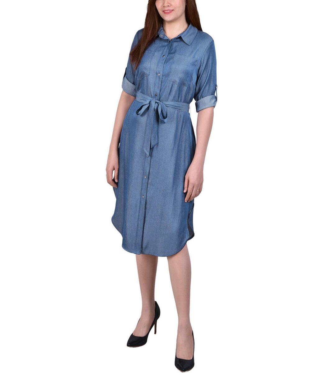 NY Collection Women's Petite 3/4 Roll Tab Sleeve Denim Dress Medium Denim