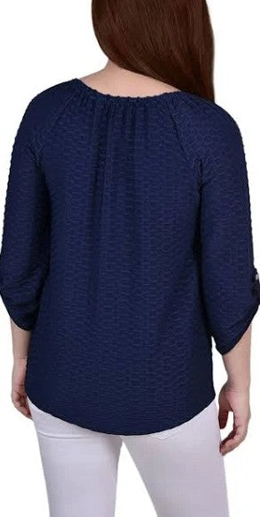 NY Collection Women's 3/4 Sleeve Blouse Dark Blue Petites Size PL