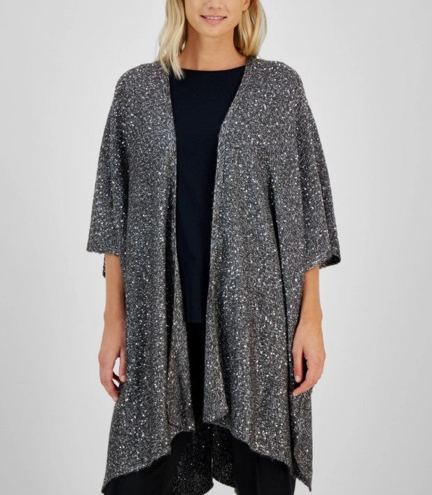 Anne Klein Women's Sequin Trim Open-Front Cape Dark Heather Grey Size L/XL