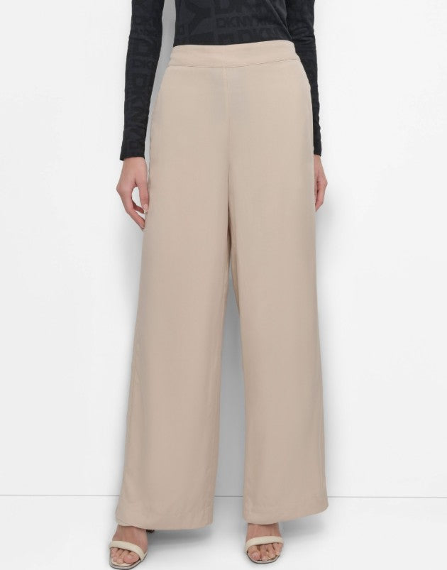 DKNY Women's Twill Pull-On Wide Leg Pants Chino Khaki Size XL