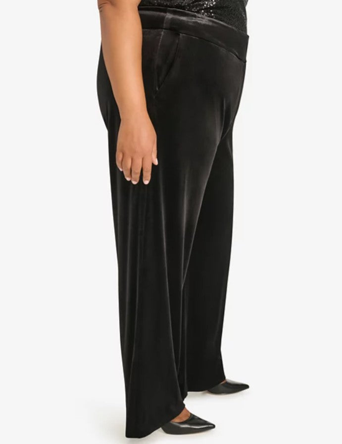 Calvin Klein Women's High Rise Wide Leg Velvet Pants Black Plus Size 24W