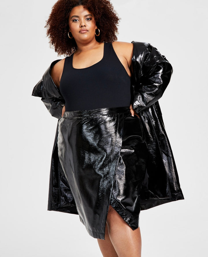 Nina Parker Women's Trendy Plus Size Faux-Leather Skirt Black Beauty