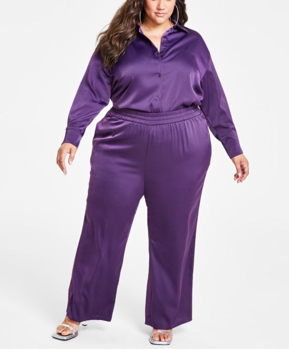 Nina Parker Women's Trendy Satin Wide-Leg Pants Grape Roy Plus Size 2X