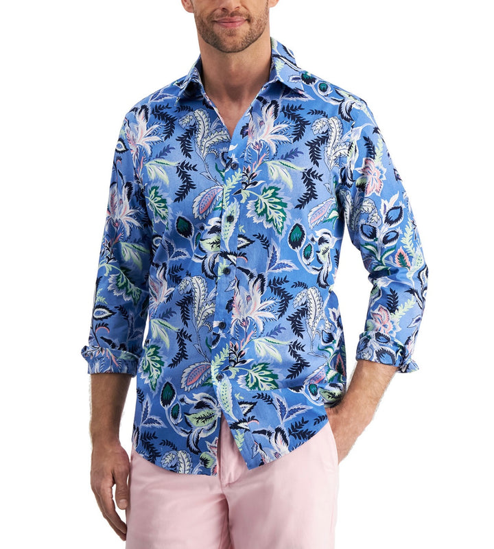 Club Room Men's Long Sleeve Regular Fit Cerritos Floral-Print Shirt Palace Blue