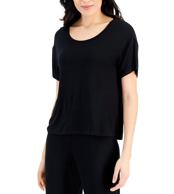 INC International Concepts Women's Super-Soft Short Sleeve Top Deep Black