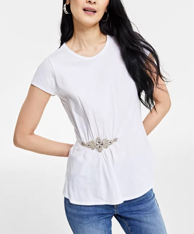 INC International Concepts Women's Embellished-Waist Cotton T-Shirt Bright White