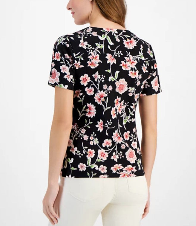 Nautica Jeans Women's Floral Print Cotton T-Shirt Black Multi Size S