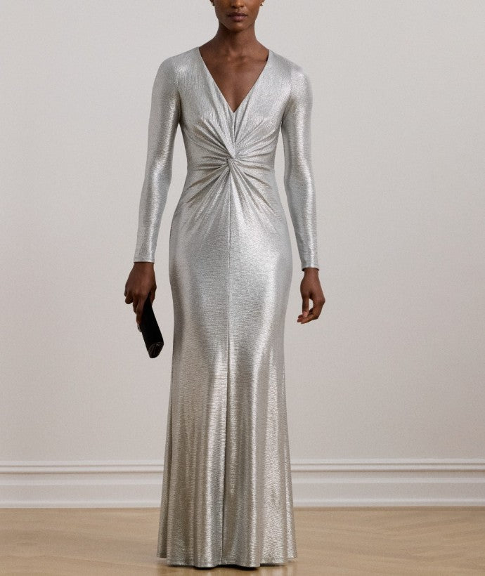 Lauren Ralph Lauren Women's Metallic Knit Twist-Front Gown Dress Silver
