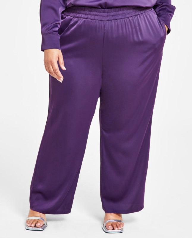 Nina Parker Women's Trendy Satin Wide-Leg Pants Grape Roy Plus Size 2X