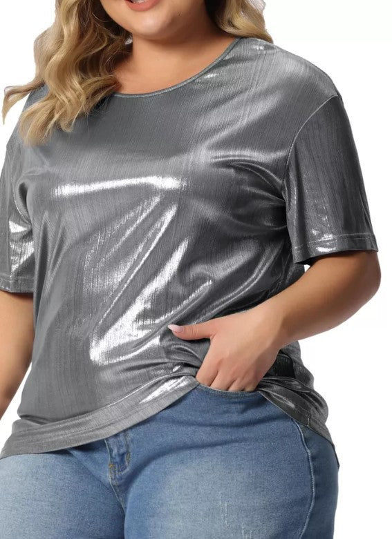 Agnes Orinda Women's Metallic Holographic Concert Carival Party Blouse Silver