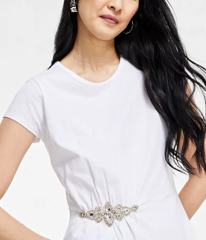 INC International Concepts Women's Embellished-Waist Cotton T-Shirt Bright White
