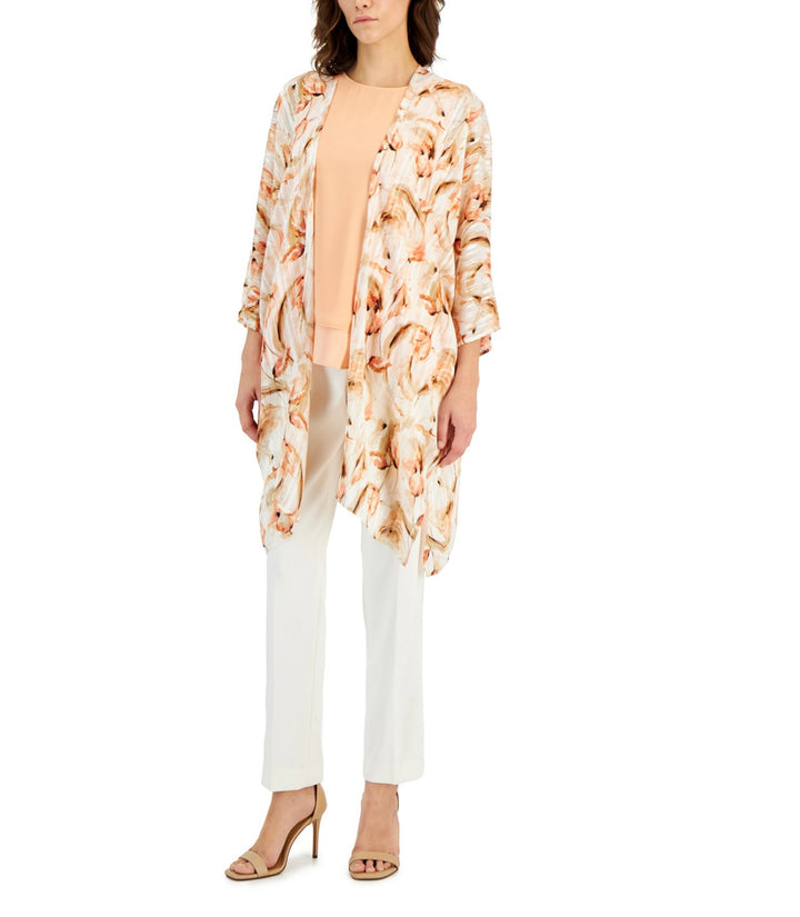 Anne Klein Women's Printed Open-Front Chiffon Kimono White-Rose Clay Size L/XL