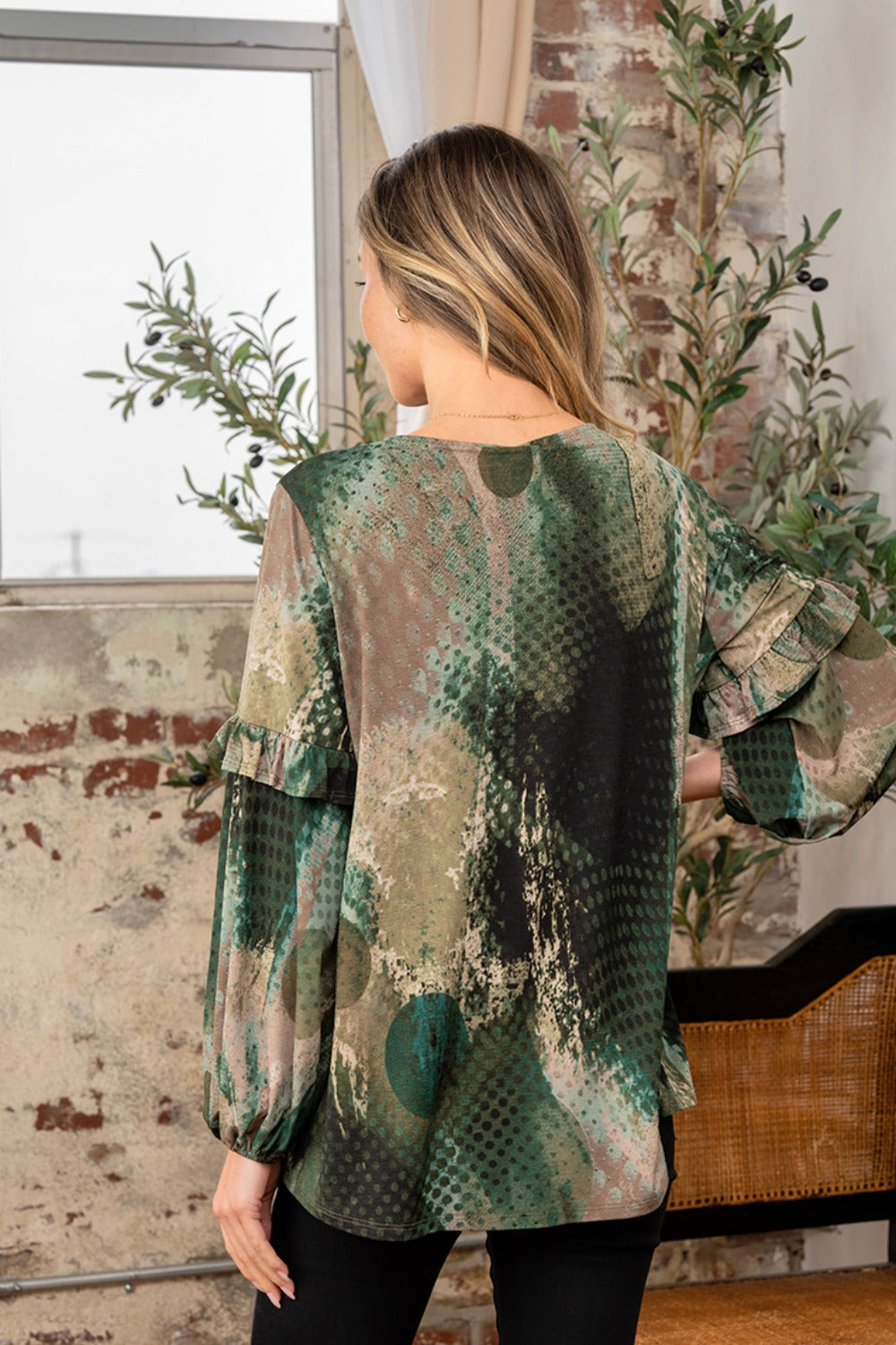 Sew In Love Full Size Snakeskin Print Long Sleeve Top with Ruffle