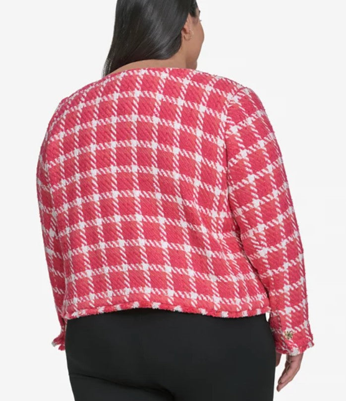 Karl Lagerfeld Paris Women's Open Tweed Short Jacket Tea Berry Sunset Coral