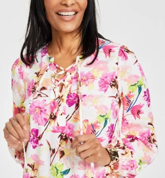 INC International Concepts Women's Printed Lace-Up Blouse Tori Garden Size XL
