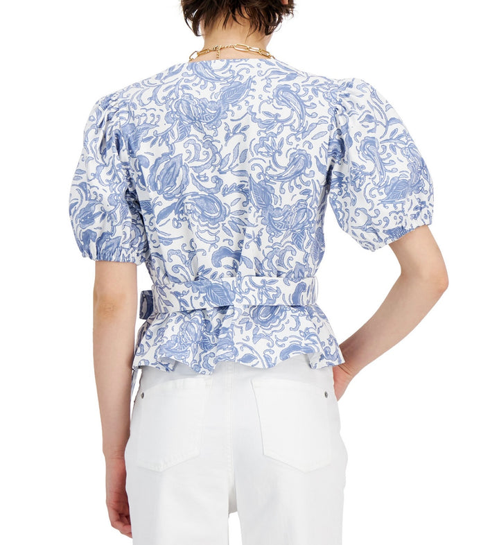 INC International Concepts Women's Printed Puff-Sleeve Top Katia Garden Size L