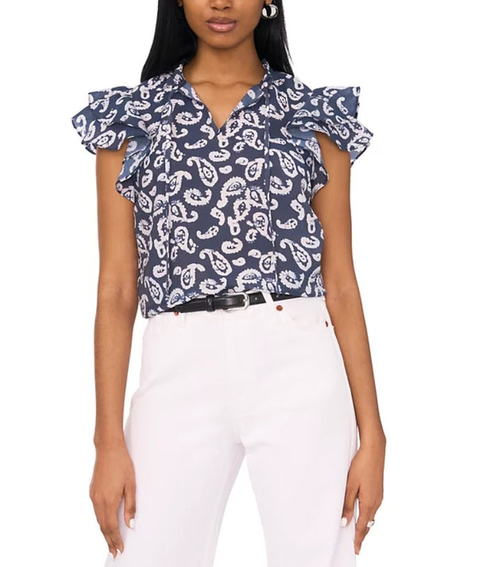 1.State Women's Printed Tie-V-Neck Flutter-Sleeve Top Navy Size S