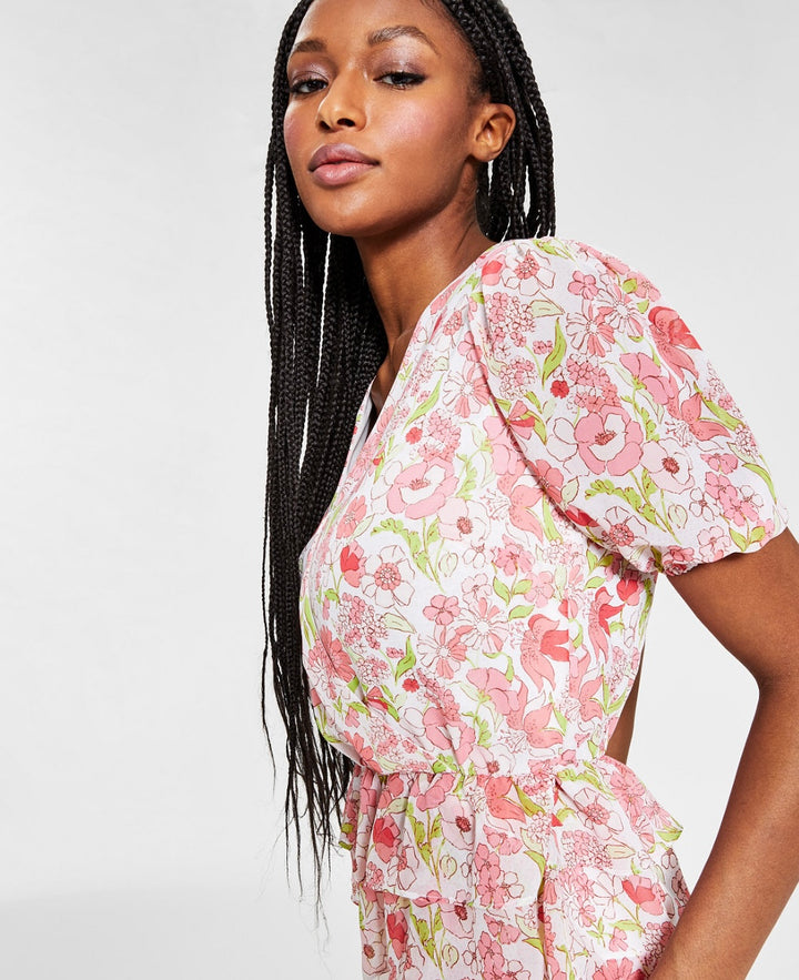 Bar III Women's Printed Puff-Sleeve Peplum Top Floral Dot Size XL