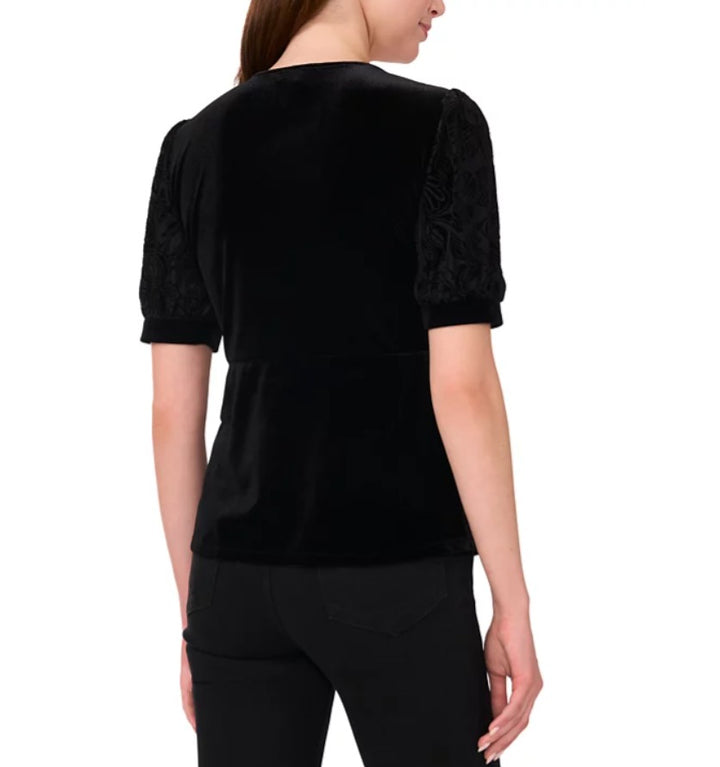 Sam & Jess Women's Velvet Faux-Wrap Flocked-Sleeve Top Black Size L