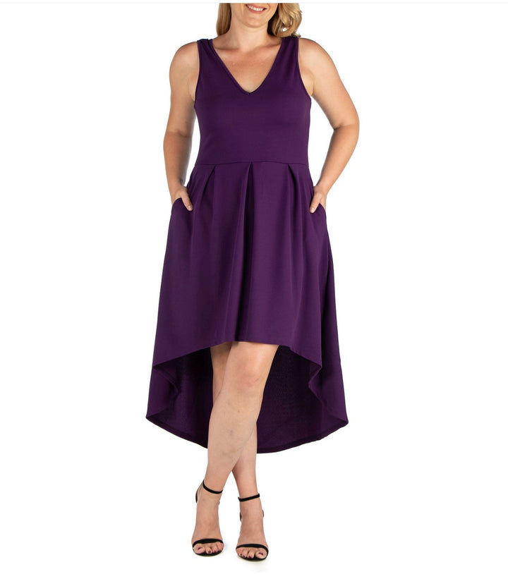24seven Comfort Apparel Women's High Low Pockets Party Dress Purple Plus Size 3X