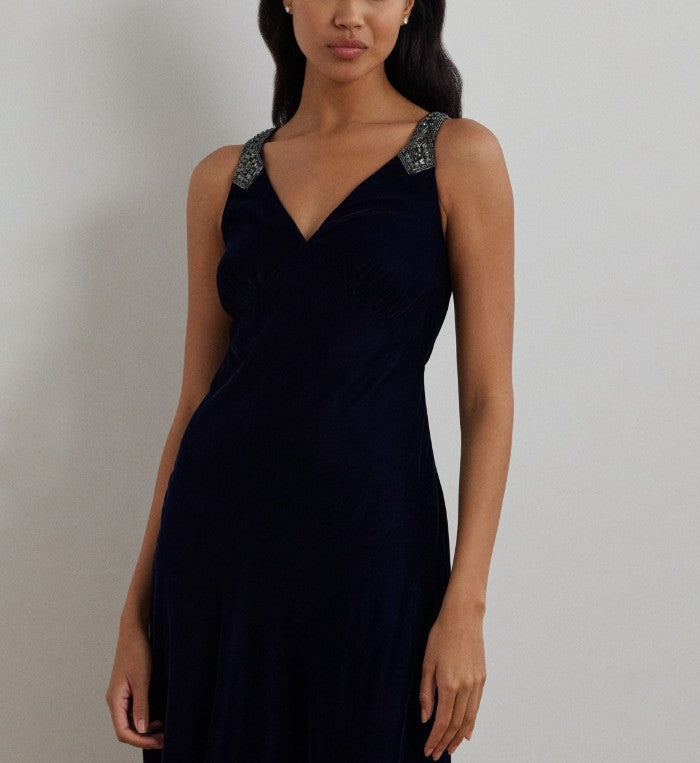 Lauren Ralph Lauren Women's Beaded Velvet Sleeveless Cocktail Dress Blue Size 6