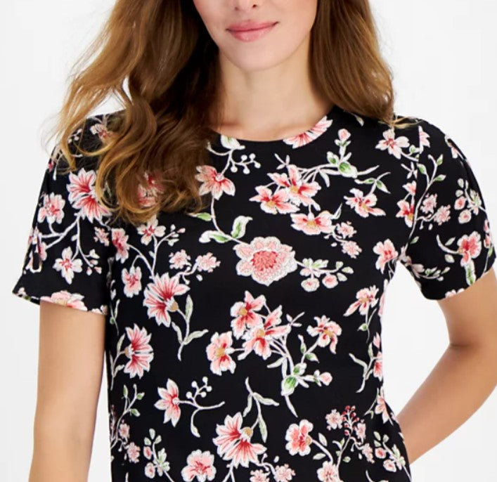 Nautica Jeans Women's Floral Print Cotton T-Shirt Black Multi Size S