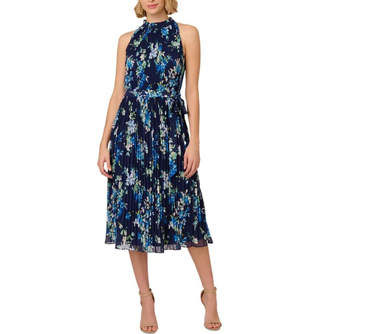 Adrianna Papell Women's Floral Pleated Chiffon Dress Navy Multi Size 12