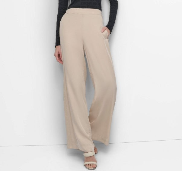 DKNY Women's Twill Pull-On Wide Leg Pants Chino Khaki Size XL