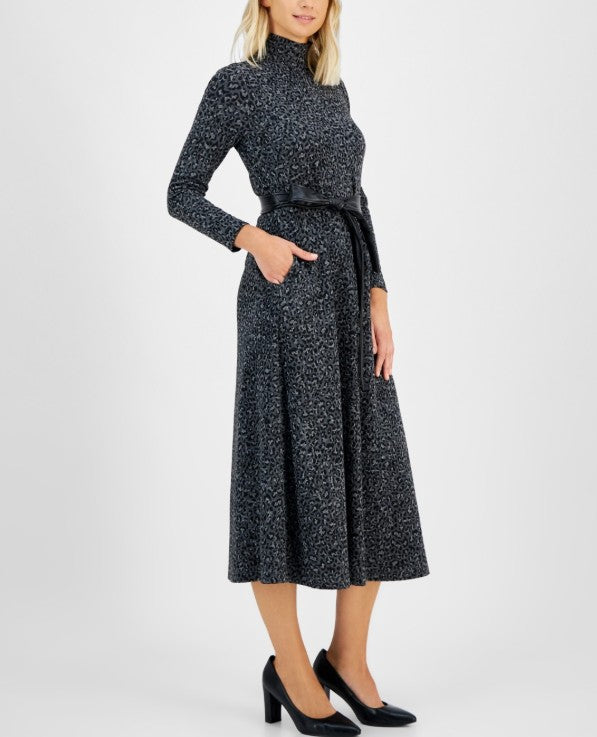 Anne Klein Women's Leopard-Print Fit & Flare Dress Heather Gray Size S