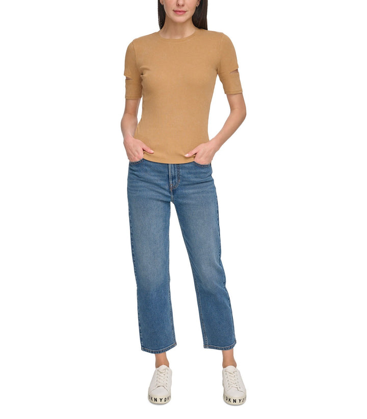 DKNY Women's Cutout Short-Sleeve Rib-Knit Top Pecan Size L