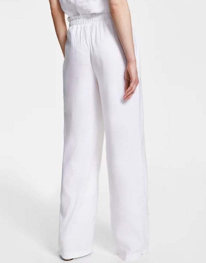 INC International Concepts Women's Linen Paperbag-Waist Pants Bright White