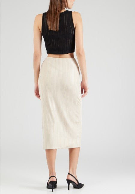 Guess Women's Cristina Ribbed Side-Slit Midi Skirt Safari Tan Foil Size L