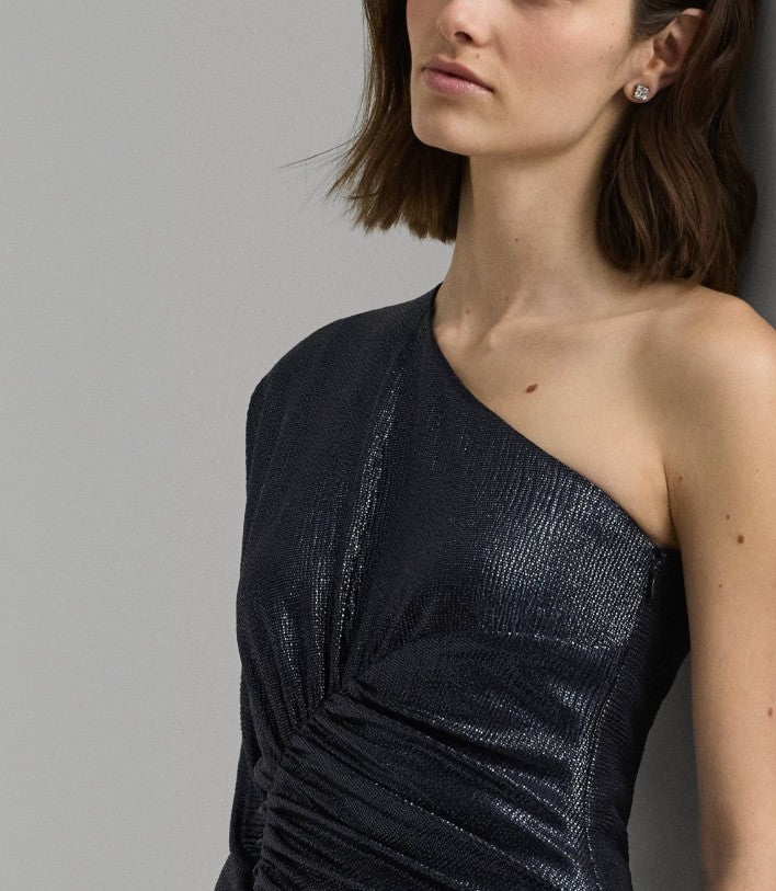 Lauren Ralph Lauren Women's Metallic Knit One-Shoulder Gown Dress Navy Size 6