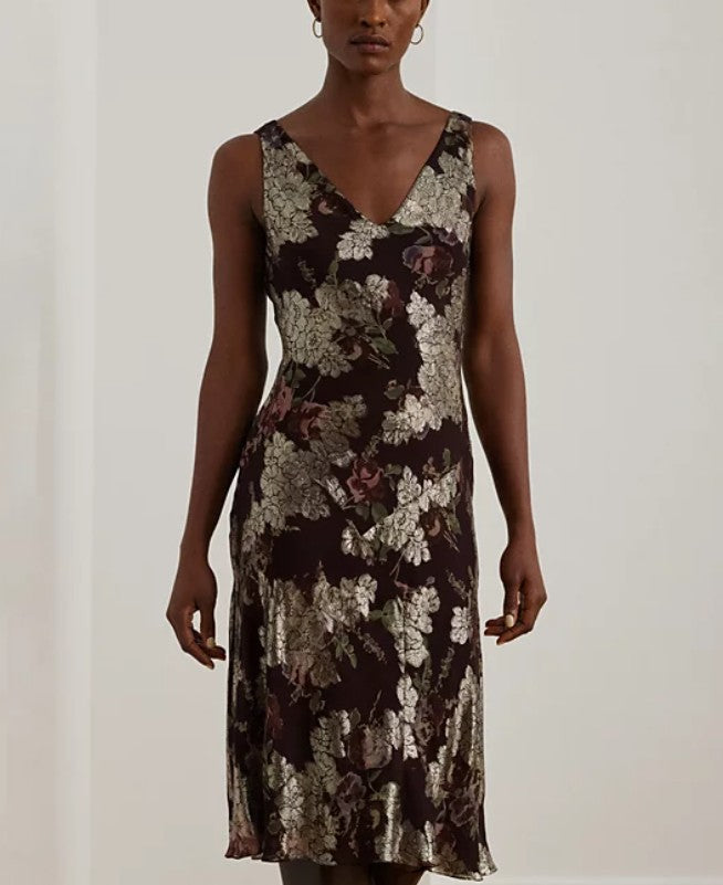 Lauren Ralph Lauren Women's Sleeveless Metallic Jacquard Dress Red Mu Size 16