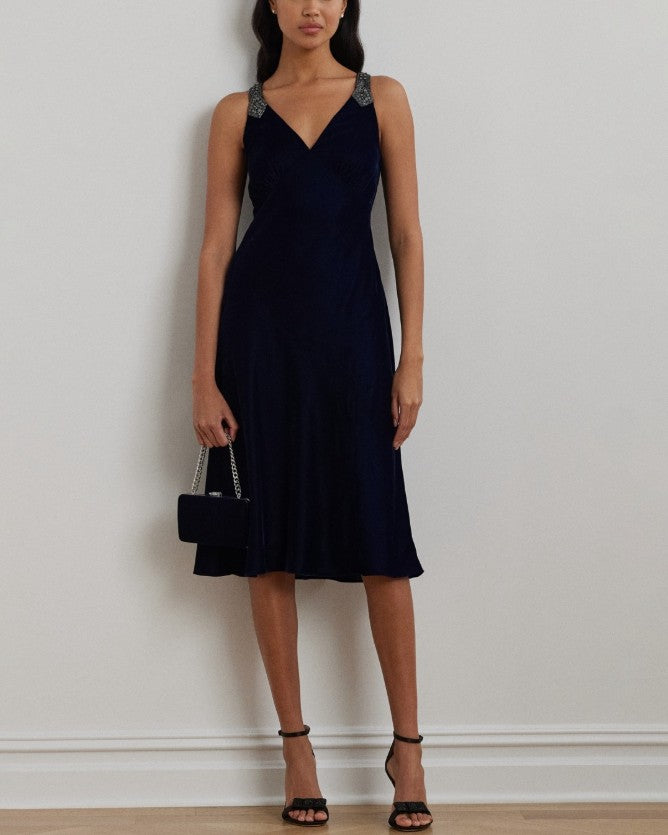 Lauren Ralph Lauren Women's Beaded Velvet Sleeveless Cocktail Dress Blue Size 6