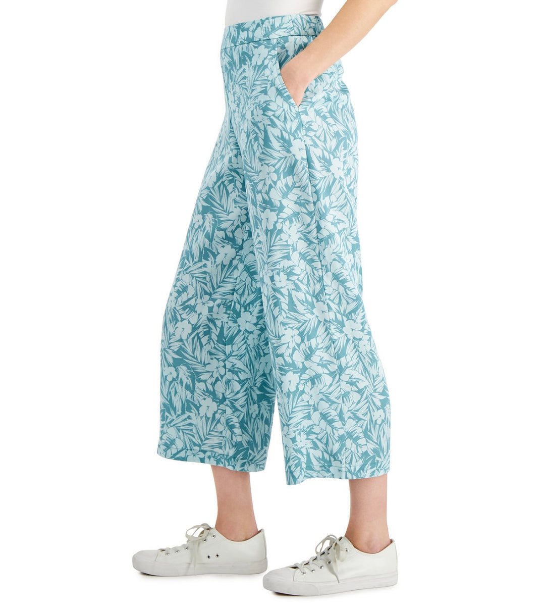 Charter Club Women's Elastic Waits Floral Cropped Wide-Leg Pants Teal Combo