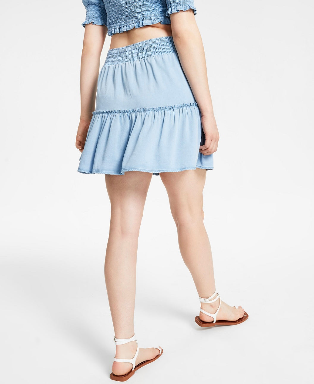 Bar III Women's Tiered Detail Chambray Pull-On Mini Skirt Blue Whisper Size S