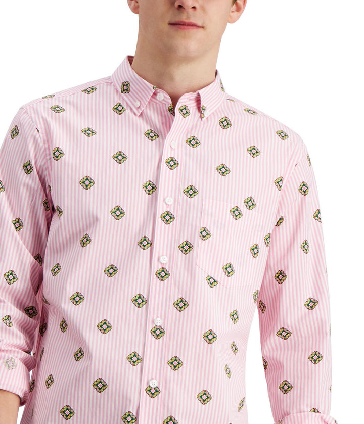 Club Room Men's Cotton Spread Collar Crest-Print Shirt Pink Sky