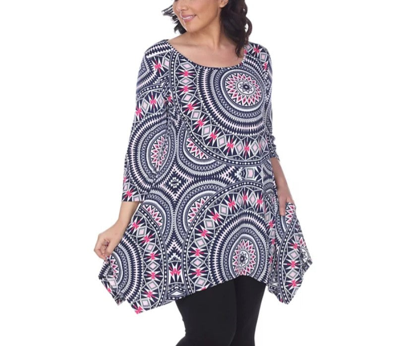 White Mark Women's Scoop Neck 3/4 Sleeve Maji Tunic Top Red Geo Plus Size 1XL